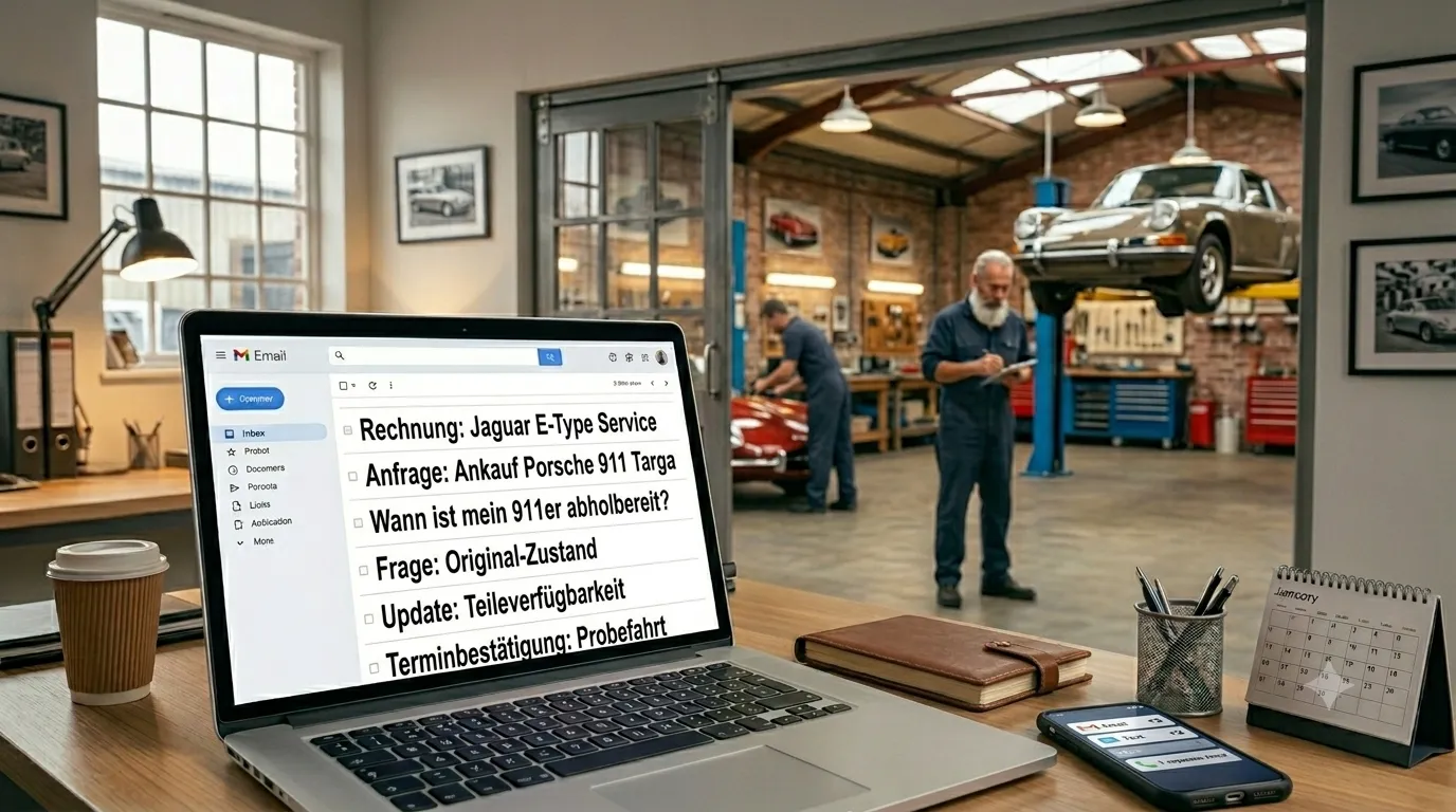 Überquellendes Postfach auf dem Laptop in der Werkstatt — Status-Fragen, Anfragen und Terminbestätigungen ohne Ende