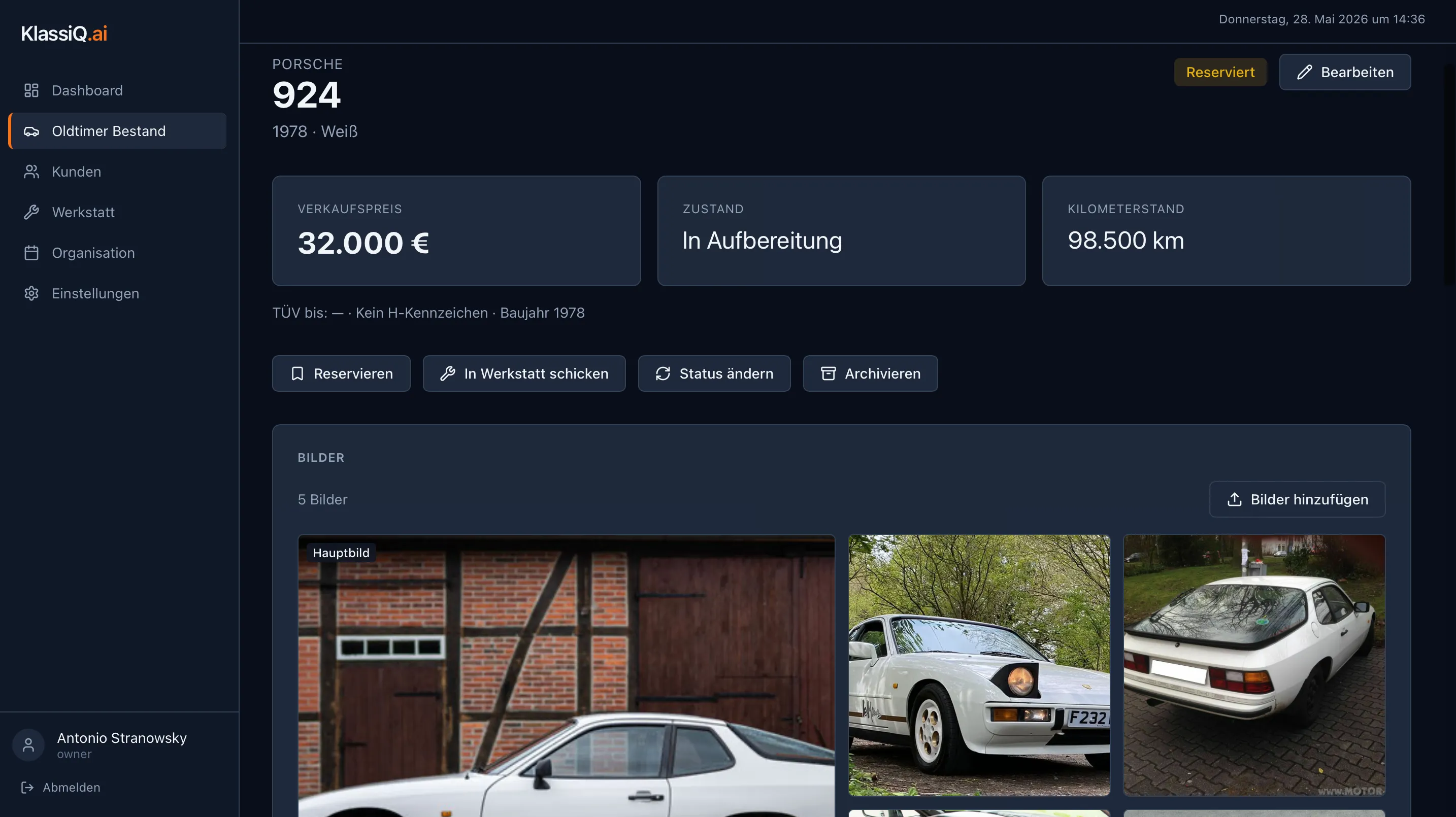 KlassiQ Fahrzeug-Bestandsverwaltung mit Erstzulassung, HU/AU und Foto-Galerie