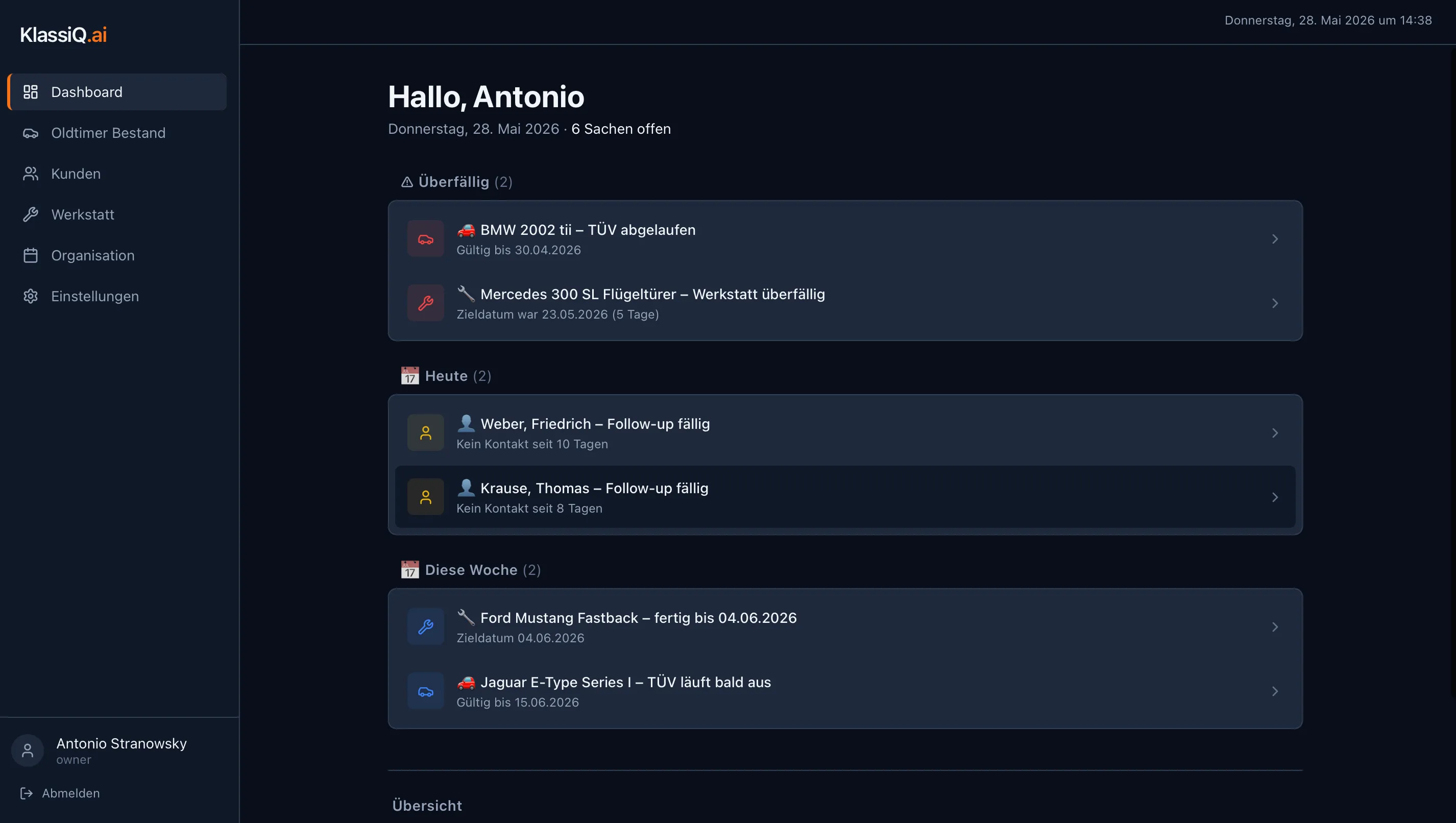 KlassiQ Dashboard mit überfälligen Projekten, offenen Verhandlungen und ablaufenden TÜV-Terminen