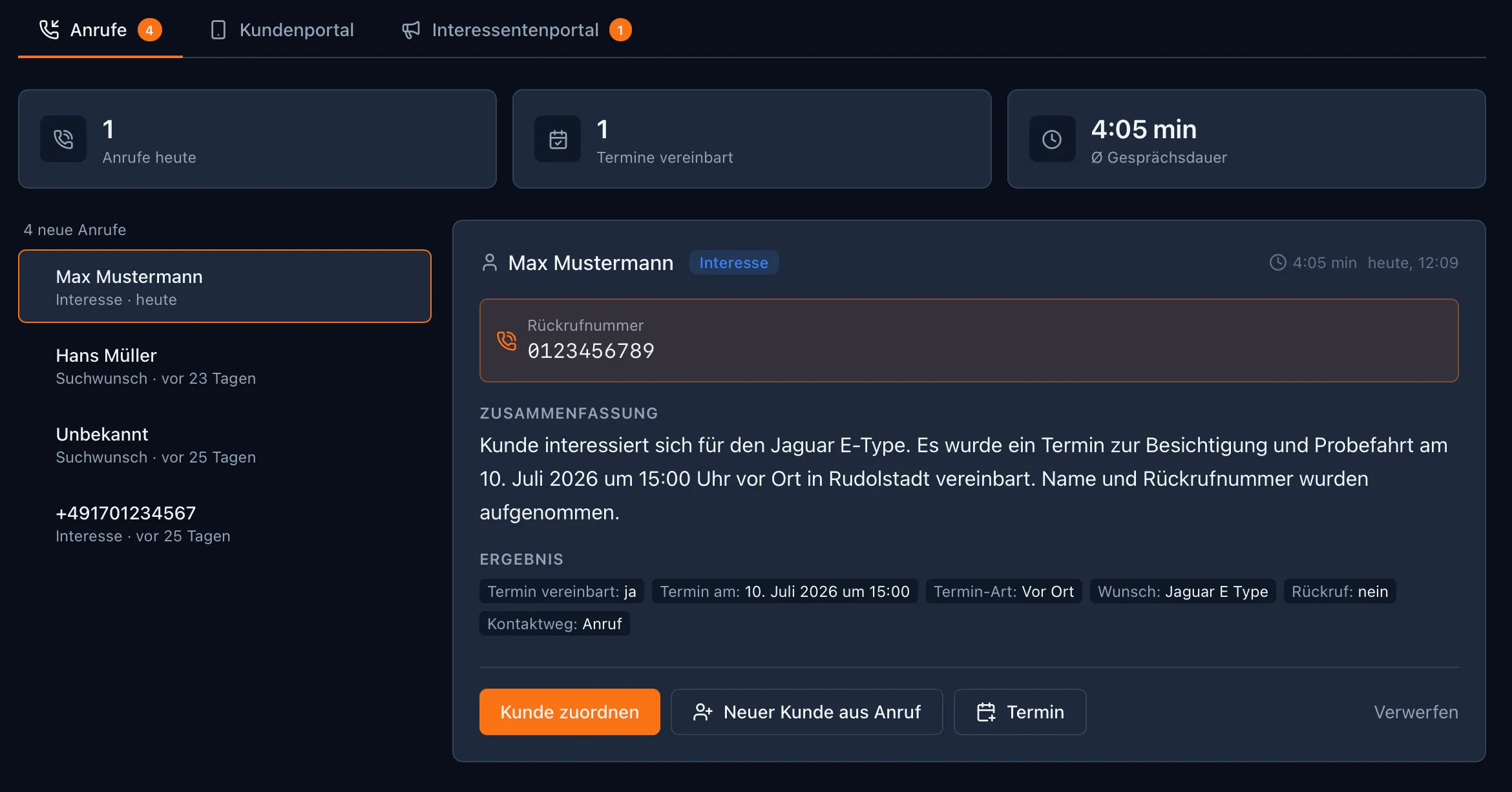 KlassiQ KI-Telefonassistent: Anruf-Zusammenfassung mit qualifiziertem Interessenten und gebuchtem Termin