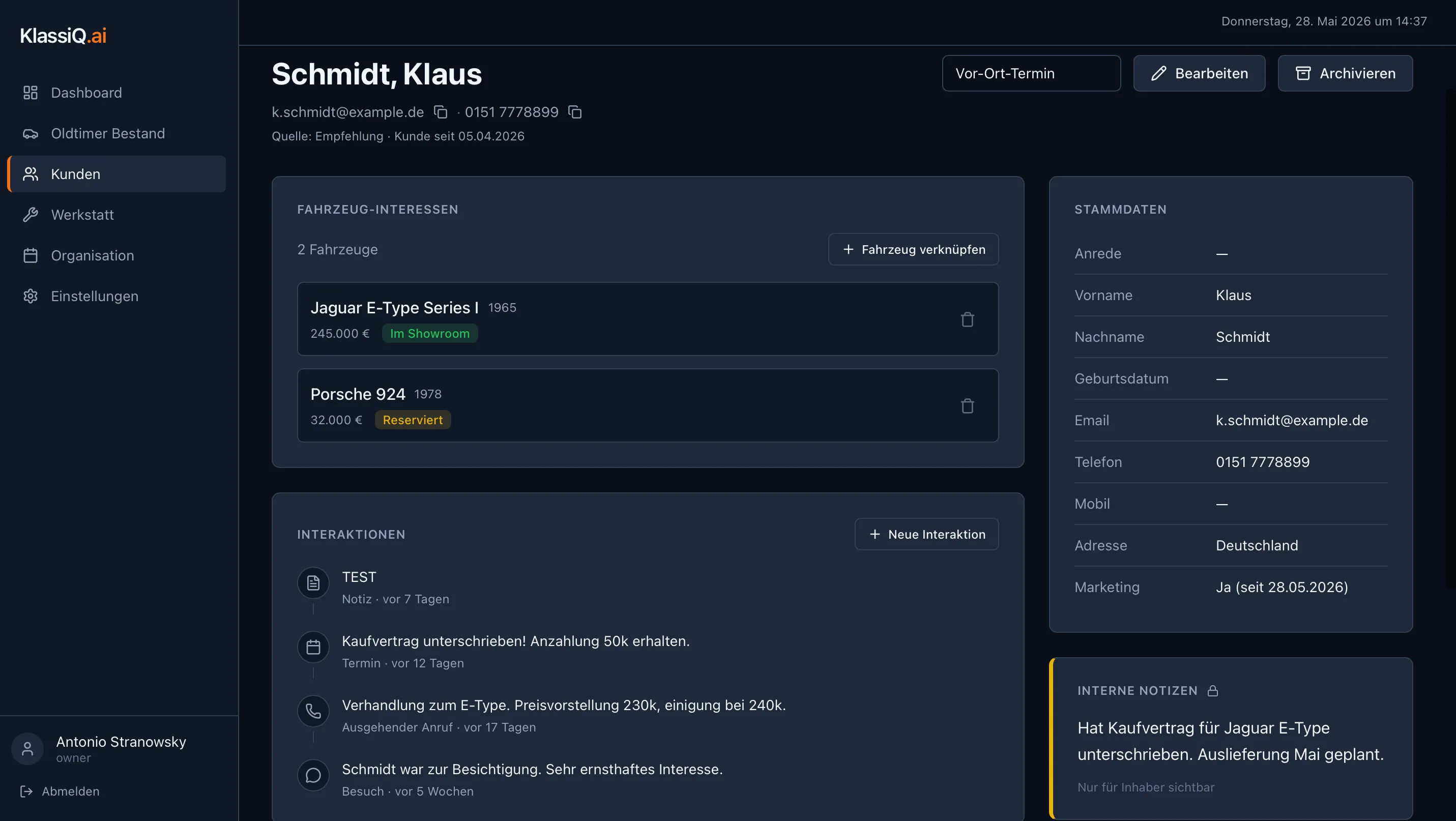 KlassiQ Kunden- und Interessenten-Pipeline von „Interessent“ bis „Verkauft“