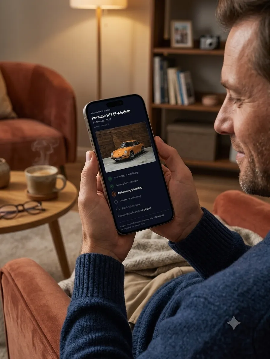 Käufer verfolgt den Status seines Fahrzeugs mobil im KlassiQ Kundenportal